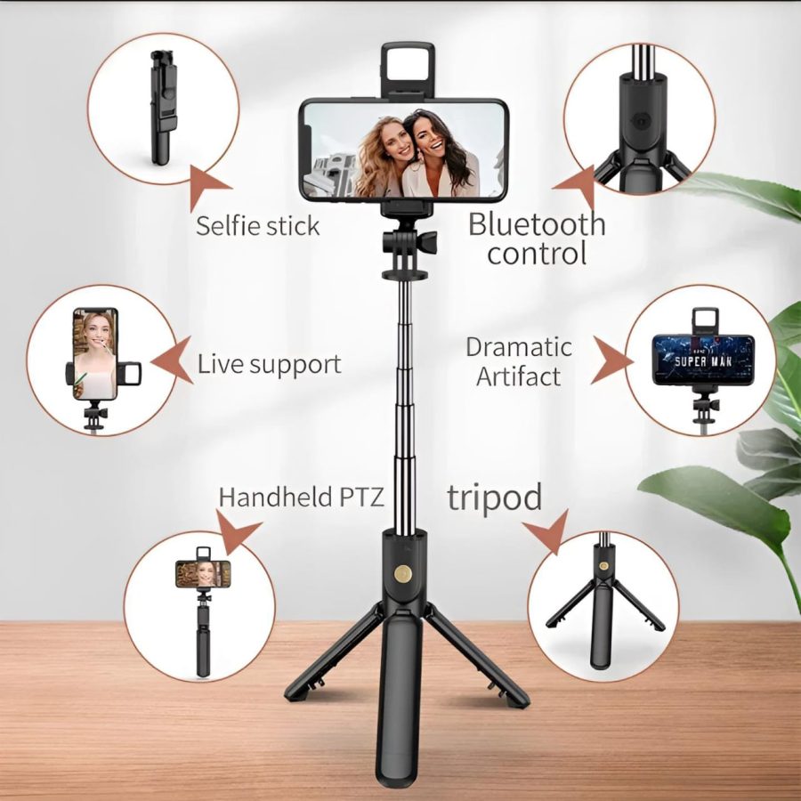 R1s Bluetooth Selfie Stick Tripod with Remote | 360° Foldable Phone & Action Camera Stand with LED Light - Image 4